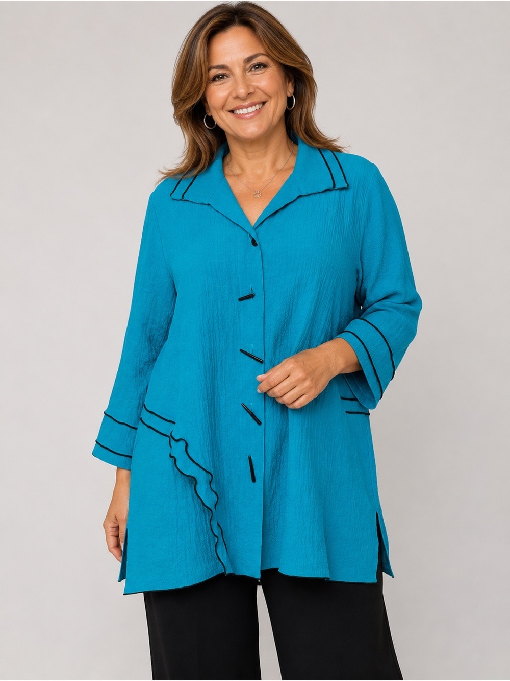 Ali Miles Size M Button Front Tunic Top Textured Lagenlook Front Pockets Teal